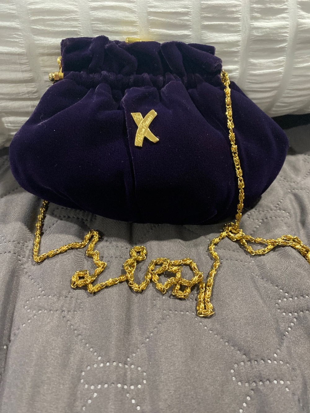 Vintage Paloma Picasso Purple Velvet Ruffle Evening Bag Gold Chain X Logo